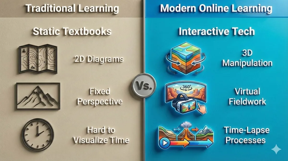 Vertical flowchart illustrating the top-down geology learning method, starting with big picture Earth systems and narrowing down to specific definitions to improve retention.