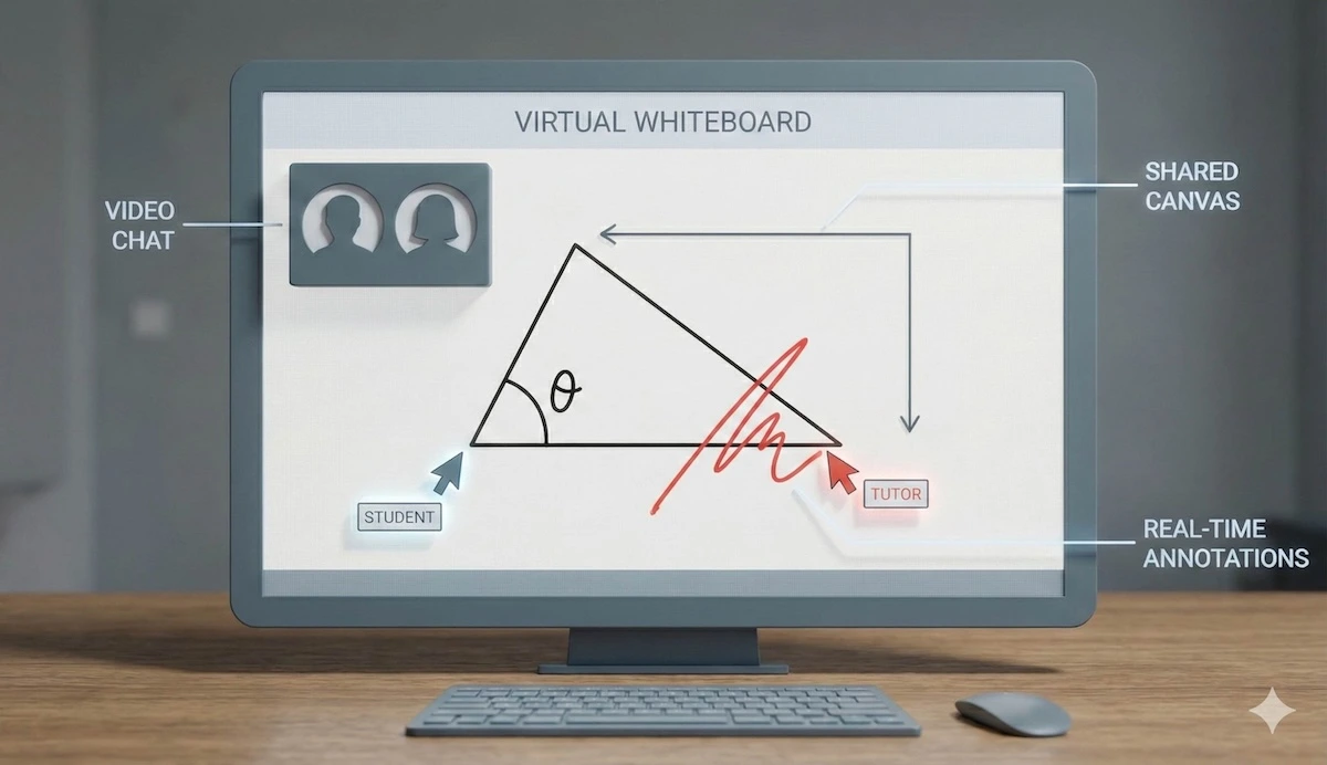 Illustration of an online tutoring virtual whiteboard showing student and tutor cursors collaborating on a geometry problem in real-time.
