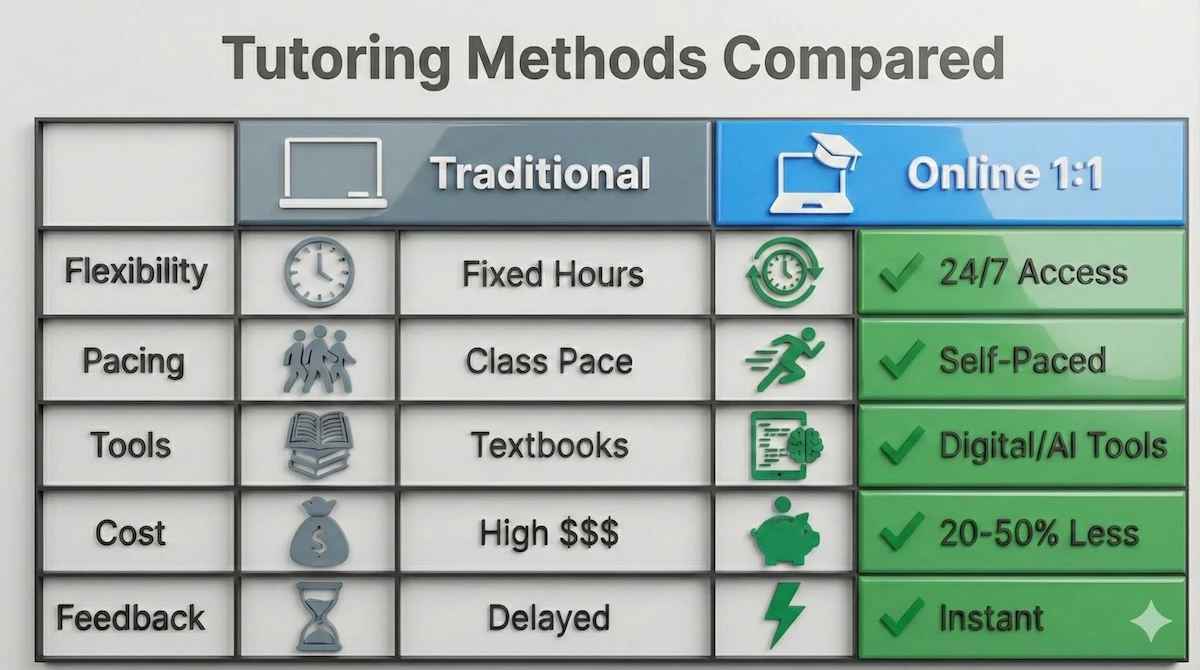 Comparison table showing advantages of online linguistics tutoring versus traditional classes, highlighting flexibility, cost savings, instant feedback, and digital tools.