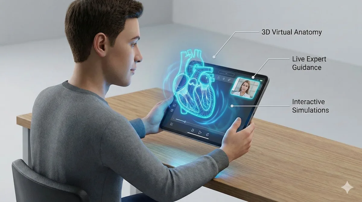 Illustration of a medical student using augmented reality tools on a tablet to dissect a virtual heart during an online tutoring session.