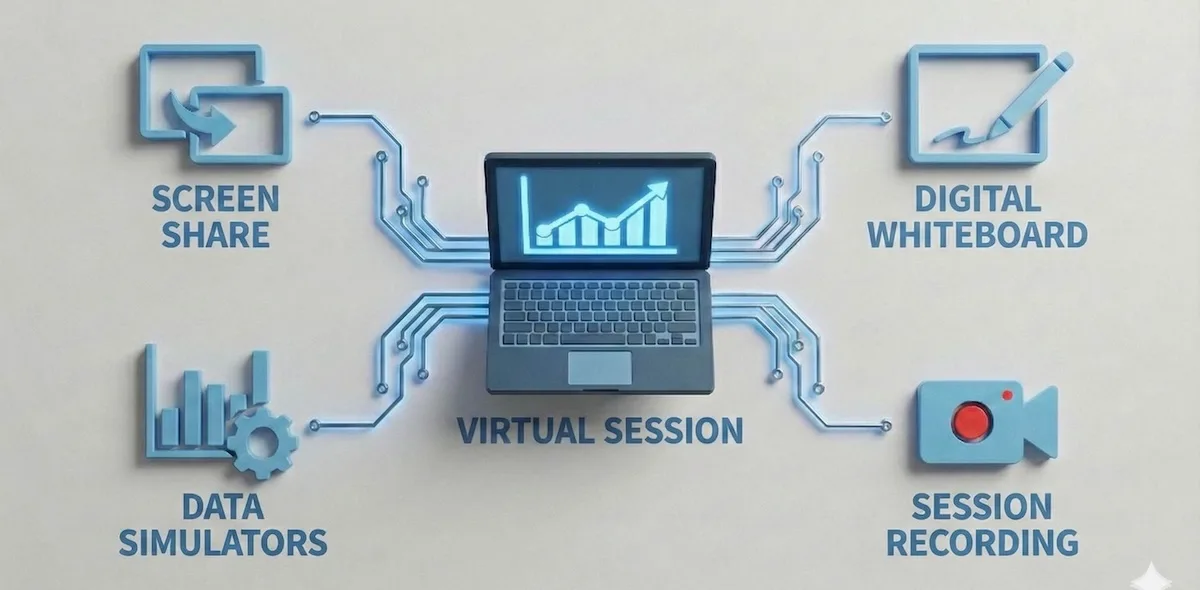 Diagram showing virtual statistics tutoring tools: screen sharing, digital whiteboards, data simulators, and session recording.