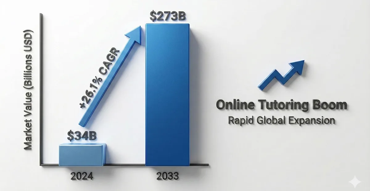 Bar chart showing global online tutoring market growth from $33.9 billion in 2024 to $273.4 billion in 2033.