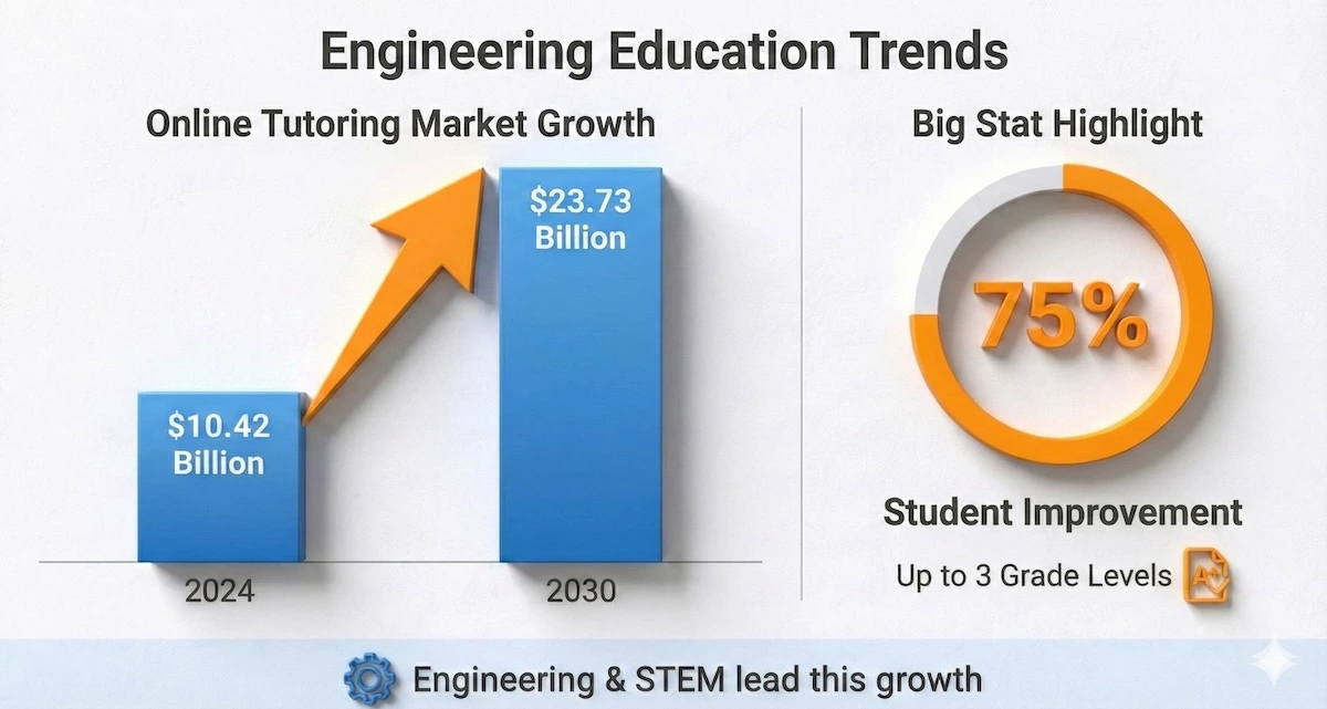 Data chart showing online tutoring market growth to $23.73 billion by 2030 and a statistic showing 75% of students improve by up to three grade levels.