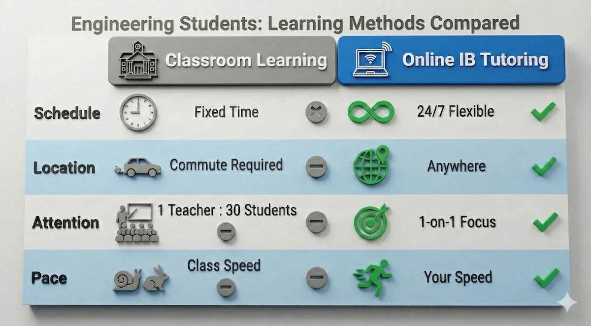 Comparison table contrasting traditional classroom learning with online IB tutoring features like schedule, location, and attention.