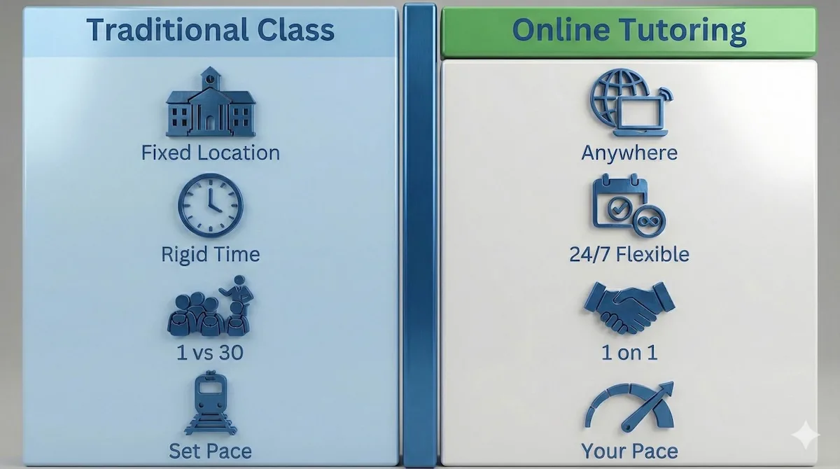 Comparison table showing advantages of online tutoring including global access, flexible 24/7 scheduling, and 1-on-1 attention versus traditional classroom limits.