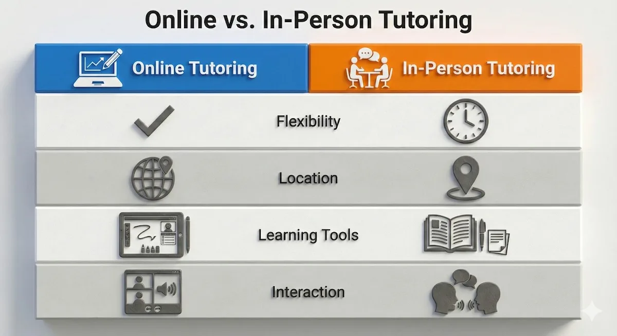 Comparison table of online versus in-person literature tutoring showing differences in flexibility, location, tools, and interaction.