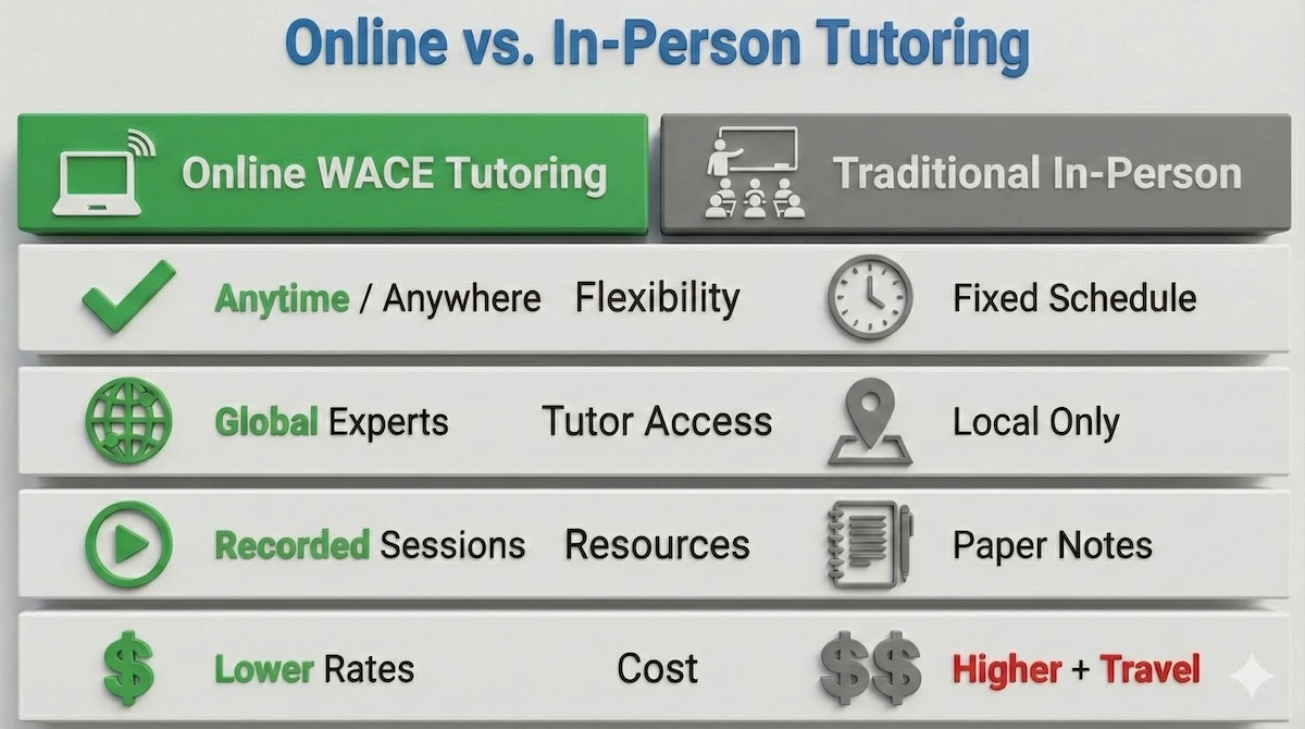 Comparison table showing advantages of online WACE tutoring versus in-person: better flexibility, global tutor access, digital resources, and lower costs.