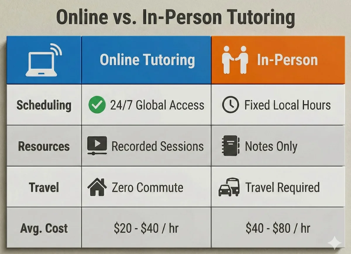 Comparison table highlighting the benefits of online medicine tutoring versus traditional in-person sessions, focusing on cost, flexibility, and recording capabilities.