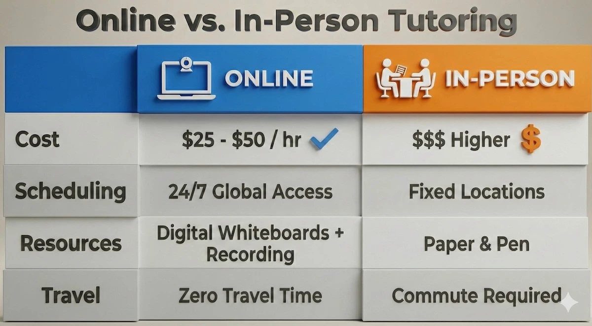 Comparison table of Online vs In-Person economics tutoring showing differences in cost, scheduling flexibility, digital resources, and travel requirements.