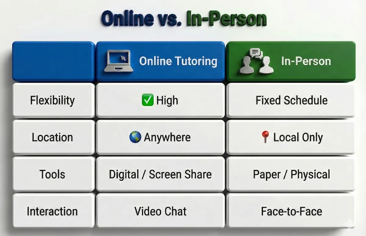 Comparison table highlighting differences between online and in-person tutoring regarding flexibility, location, tools, and interaction.