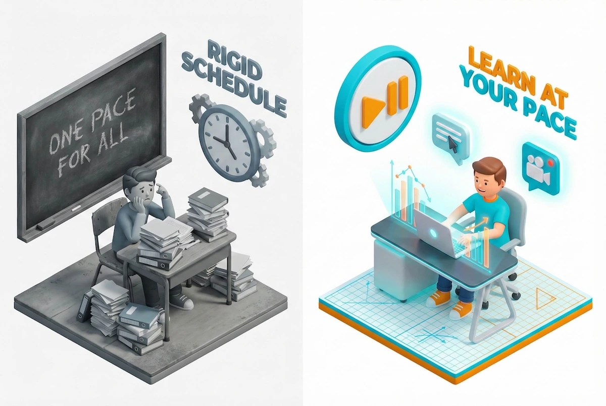 Comparison illustration showing a stressed student in a traditional classroom versus a happy student using online statistics tutoring tools.