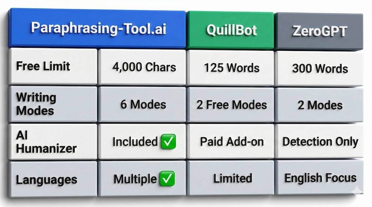 Comparison table showing Paraphrasing-tool.ai features versus QuillBot and ZeroGPT, highlighting superior character limits and included humanizer tools.