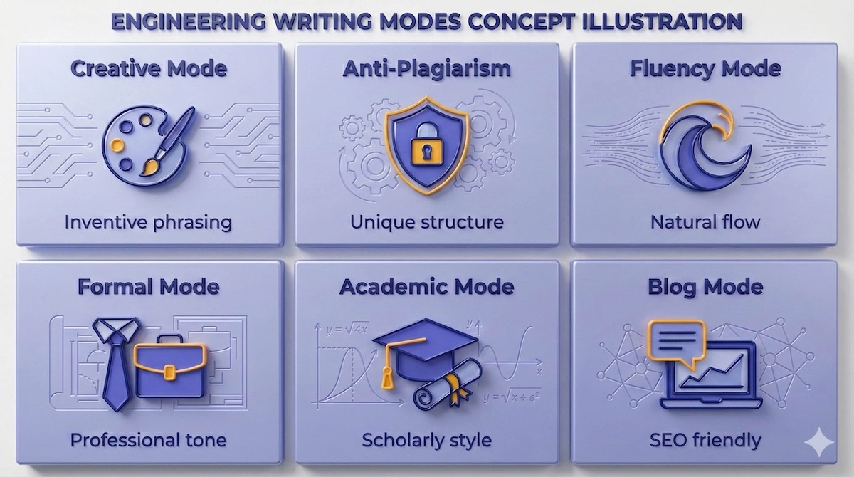 Visual guide to the six paraphrasing modes: Creative, Anti-Plagiarism, Fluency, Formal, Academic, and Blog, with icons representing each style.