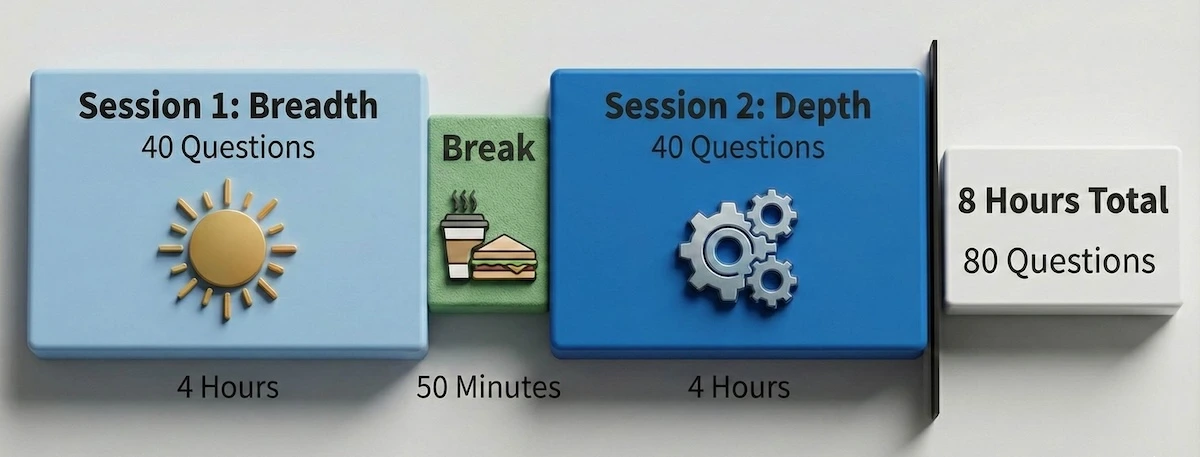 Visual timeline of the PE Exam day structure: 4-hour morning breadth session, 50-minute break, and 4-hour afternoon depth session.