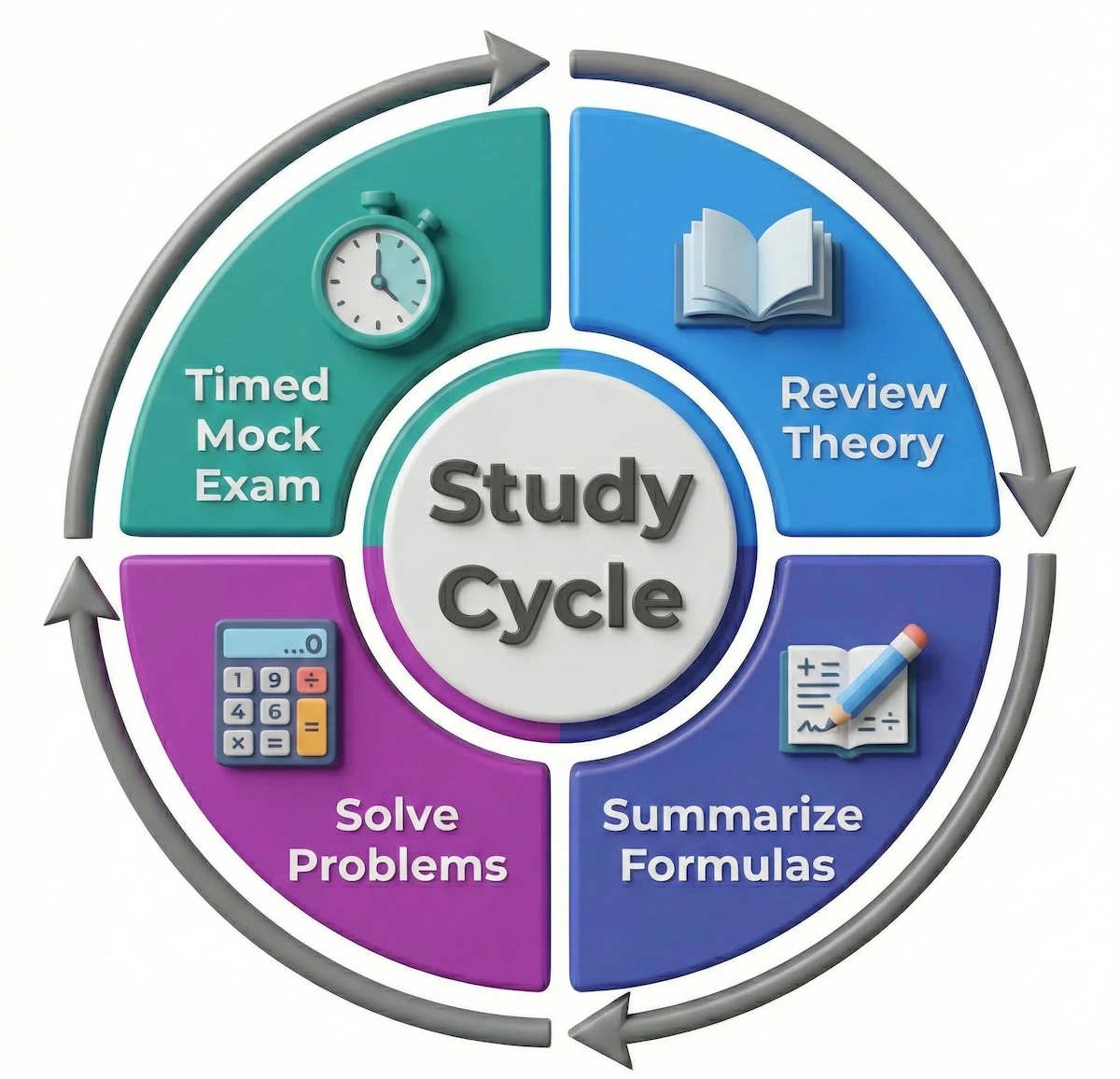 Circular study cycle diagram for PE exam prep: Review Theory, Summarize Formulas, Solve Problems, and take Timed Mock Exams.