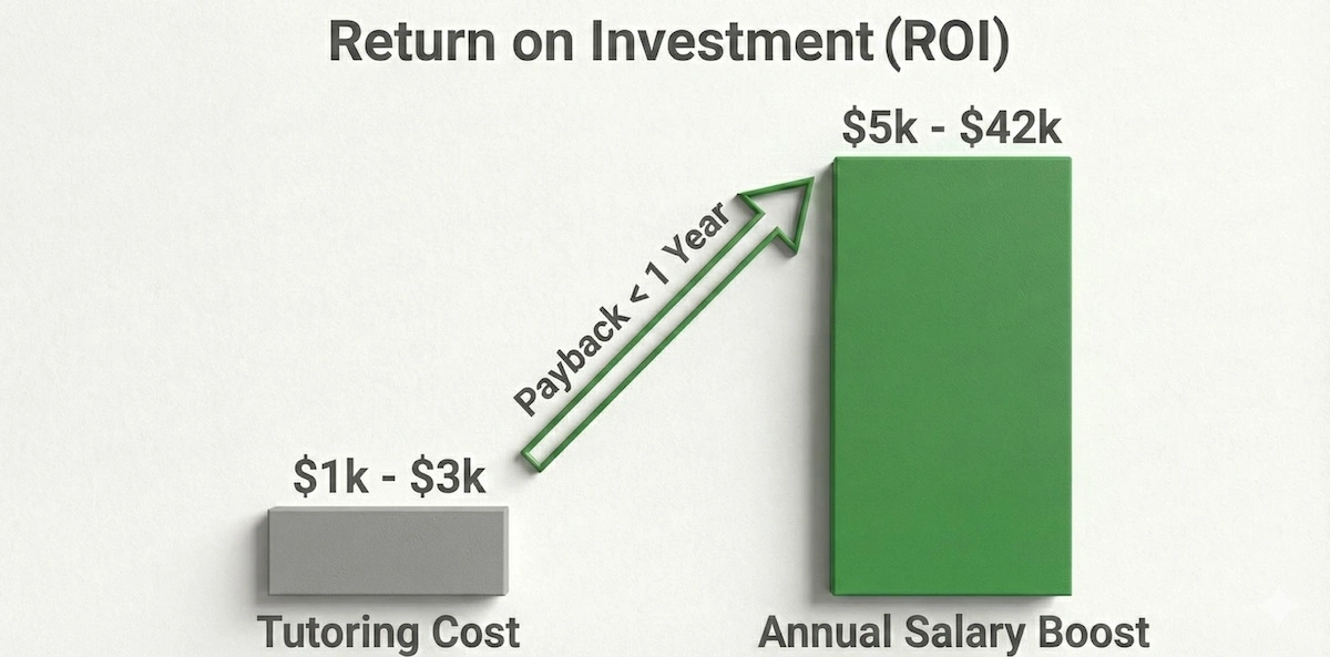 Bar chart showing the return on investment for PE licensure: a small tutoring cost ($1k-$3k) results in a large annual salary increase ($5k-$42k).