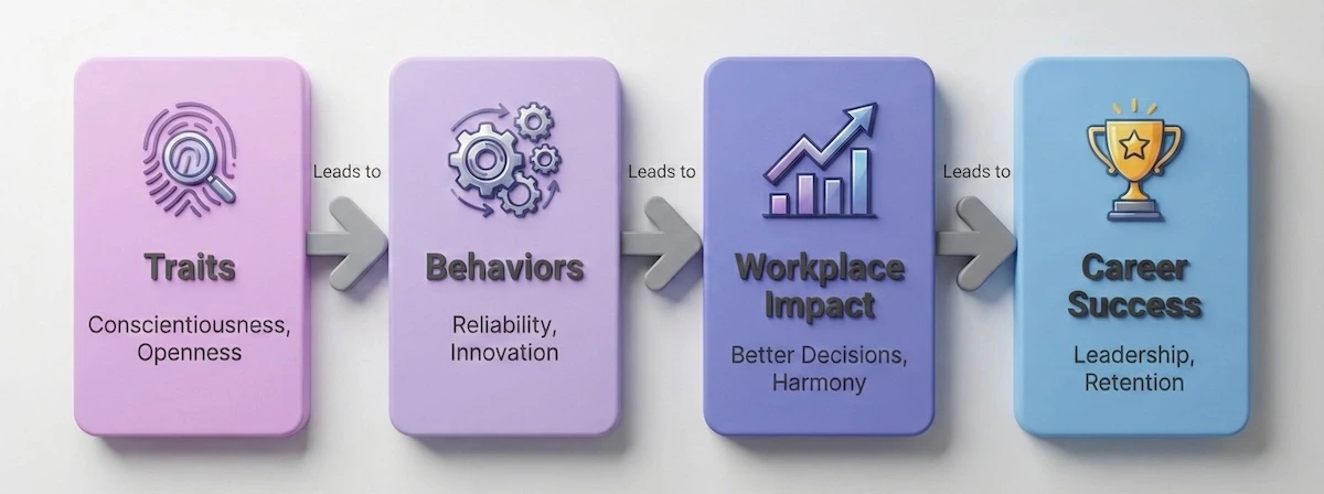 Flowchart showing the progression from personality traits to behavioral patterns, workplace impact, and final career success.