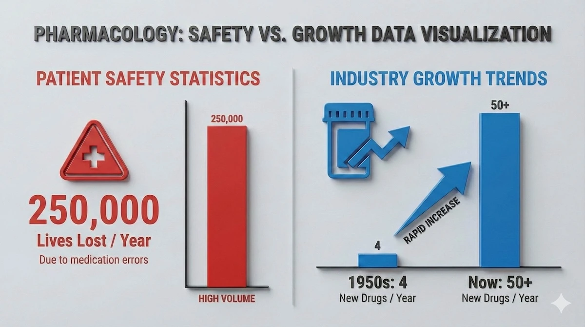 Data chart showing 250,000 annual deaths from medication errors and the increase in new drug approvals from 4 to 50 per year.