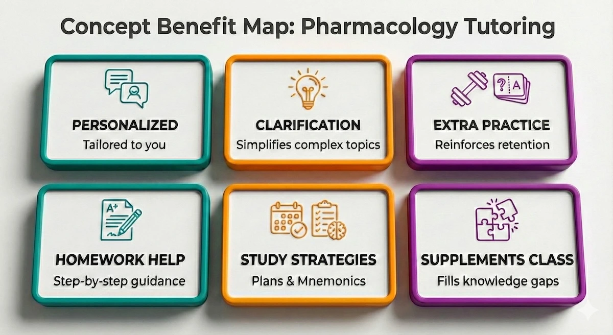 Grid showing six benefits of pharmacology tutoring: personalized attention, concept clarification, extra practice, homework help, study strategies, and classroom supplementation.