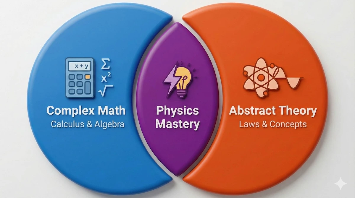 Venn diagram illustrating why physics is difficult, showing the intersection of complex mathematics and abstract theoretical concepts required for mastery.
