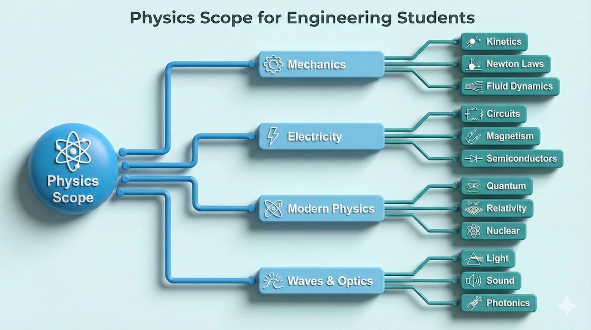 Categorization chart of physics tutoring subjects, organizing topics into Mechanics, Electricity, Modern Physics, and Waves & Optics.