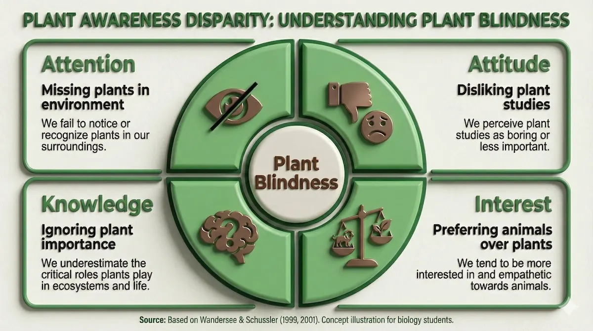 Infographic illustrating the four components of Plant Awareness Disparity (Plant Blindness): Attention, Attitude, Knowledge, and Relative Interest barriers in education.
