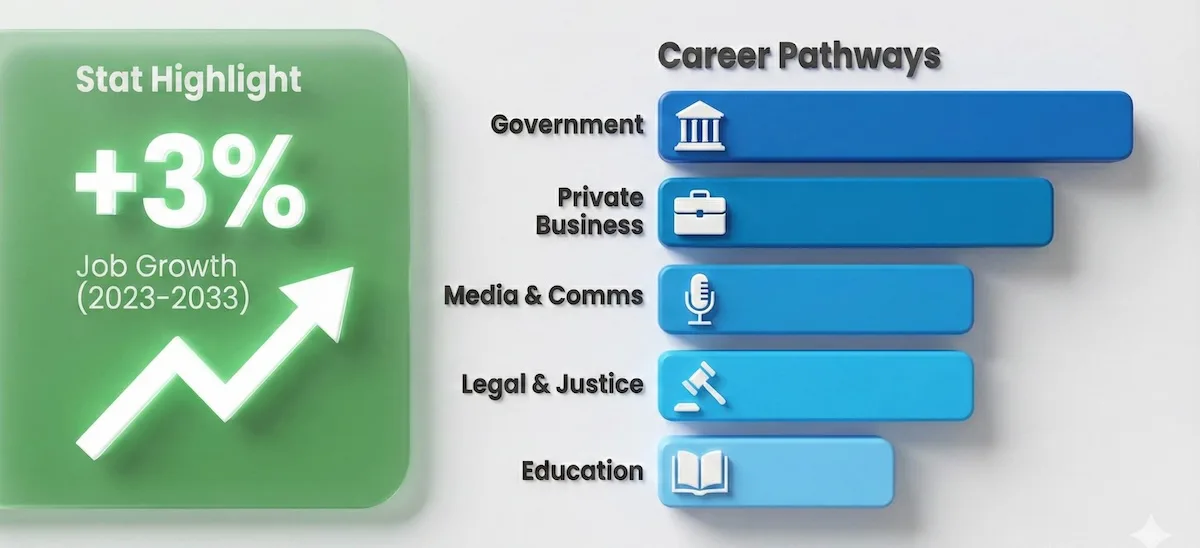 Bar chart showing diverse political science career paths including government, business, media, law, and education, plus job growth stats.