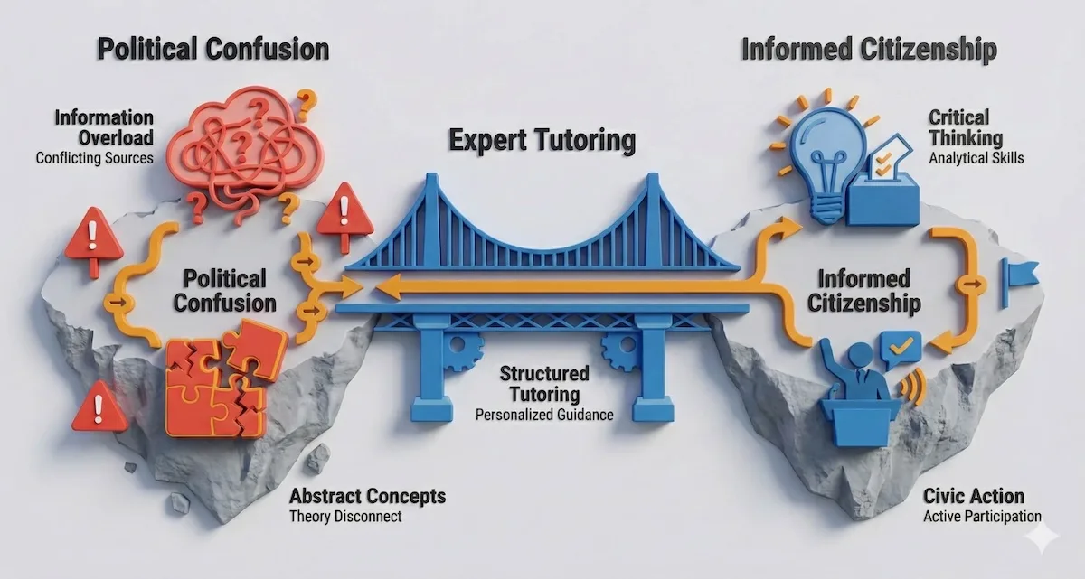Illustration showing the transition from political confusion to informed citizenship through tutoring, highlighting critical thinking and civic action.