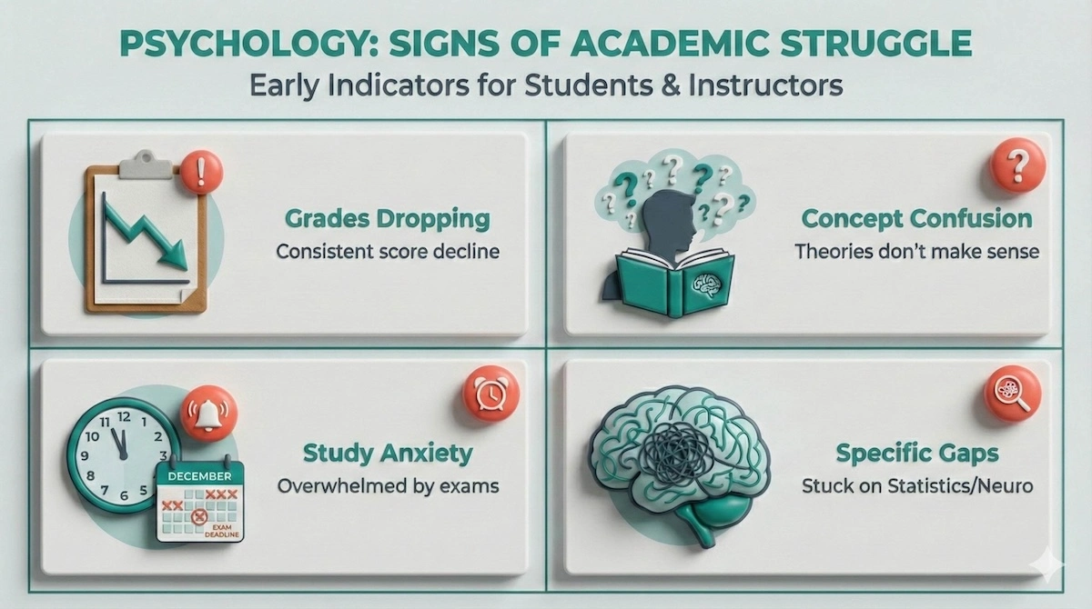 Grid infographic showing four signs a student needs a psychology tutor: dropping grades, concept confusion, study anxiety, and specific knowledge gaps.