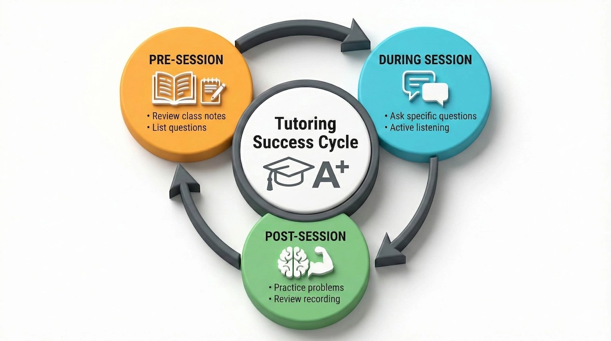 Cycle diagram illustrating the tutoring success loop: Pre-session review, active participation during the session, and post-session practice.