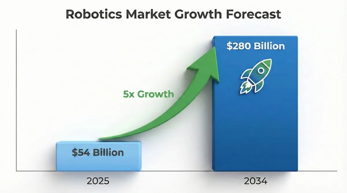 Bar chart showing advanced robotics market growth from $54 billion in 2025 to $280 billion in 2034.