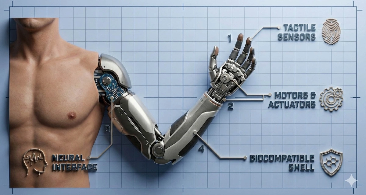 Technical diagram of a smart prosthetic arm showing neural interfaces, sensors, and actuators.