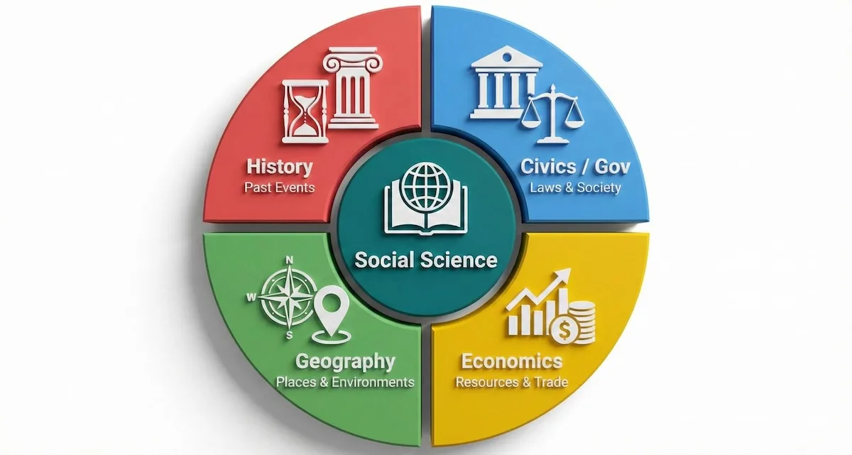 Concept map showing the four main domains of social science: History, Civics, Geography, and Economics connected in a central hub.