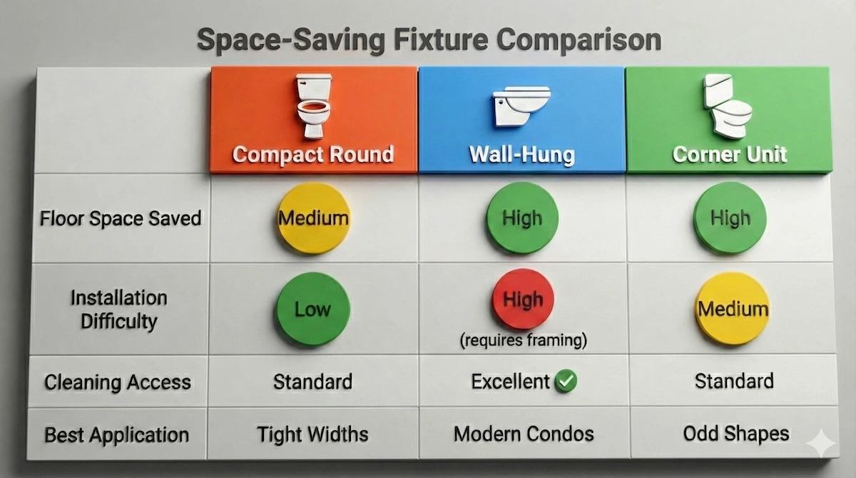 Comparison table of space-saving toilets: compact round, wall-hung, and corner units, comparing installation difficulty and floor space saved.