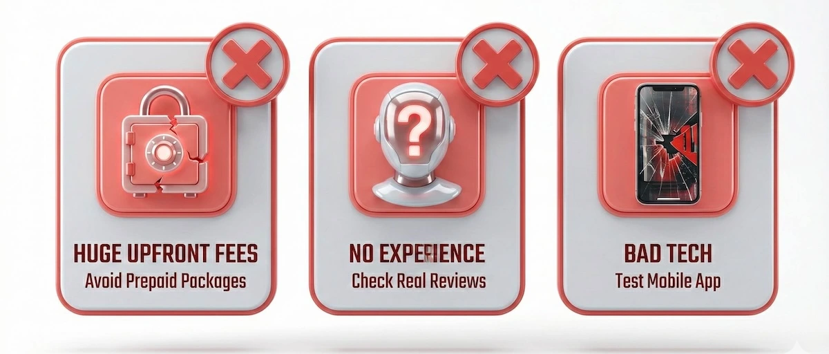 Visual warning guide showing three mistakes: paying huge upfront fees, hiring tutors with no experience, and ignoring mobile app quality.