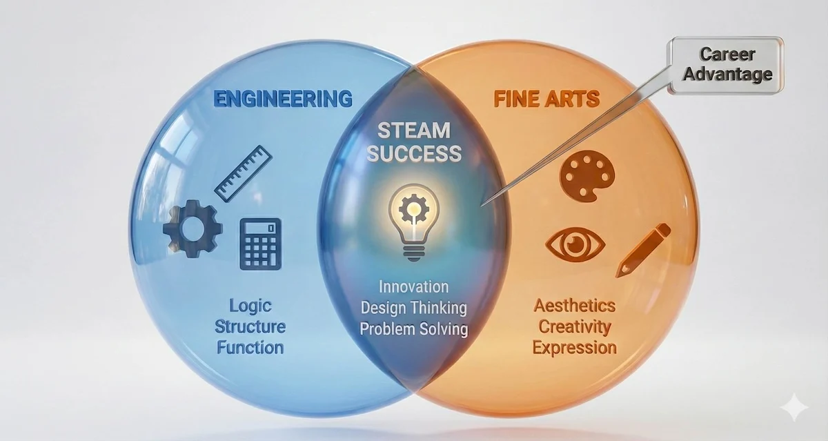 Venn diagram illustrating the STEAM concept: The intersection of Engineering (Logic) and Fine Arts (Creativity) leads to Innovation.