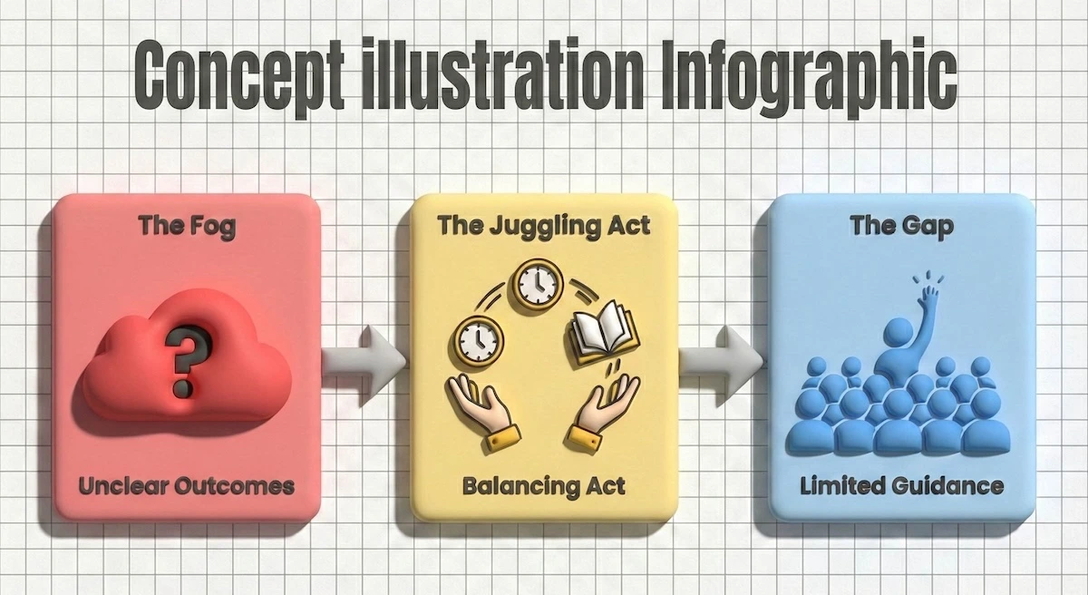 Illustration of three common challenges for Cambridge Technicals students: unclear learning outcomes, difficulty balancing assignments, and limited school guidance.