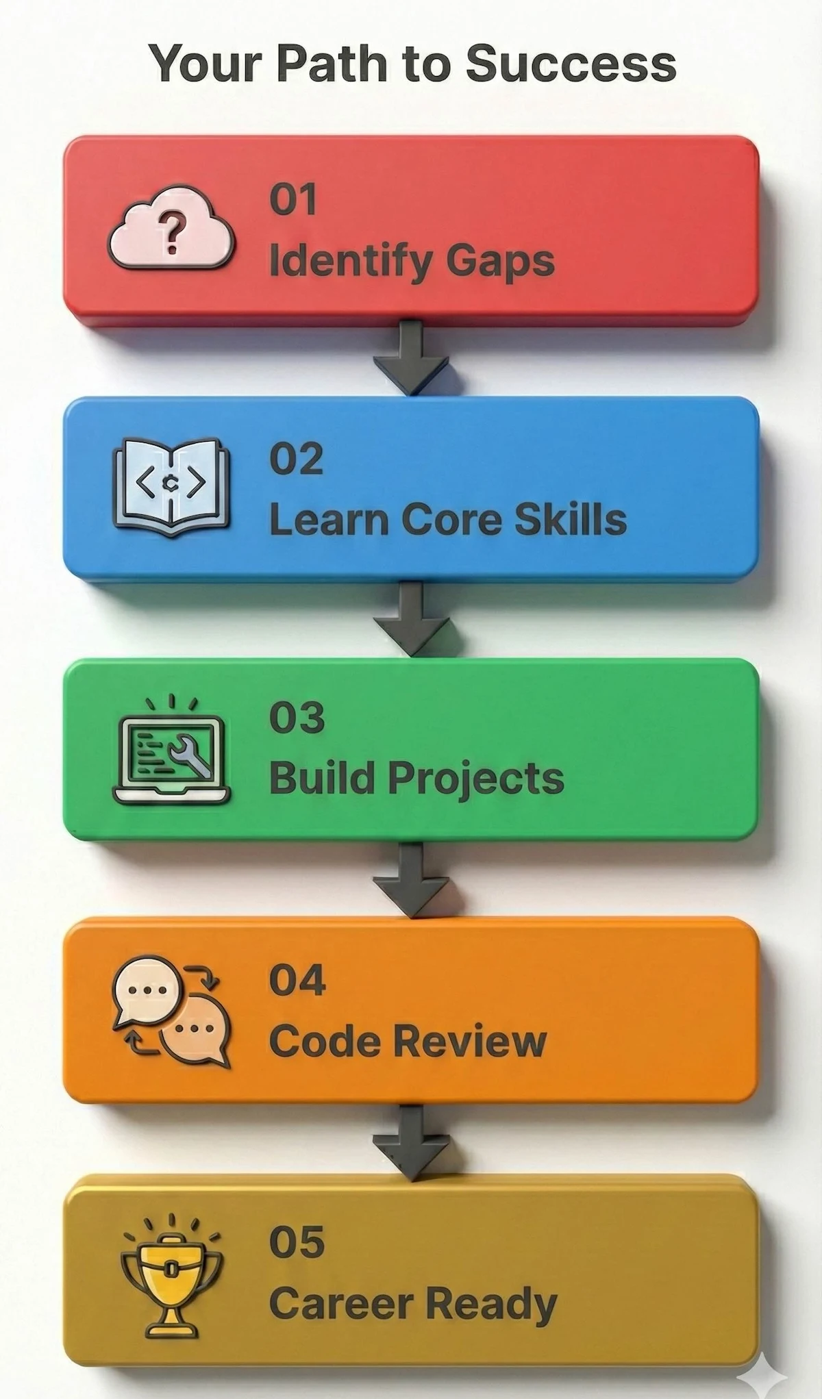 Step-by-step flowchart showing the front-end development learning journey from identifying gaps to becoming career-ready through tutoring.