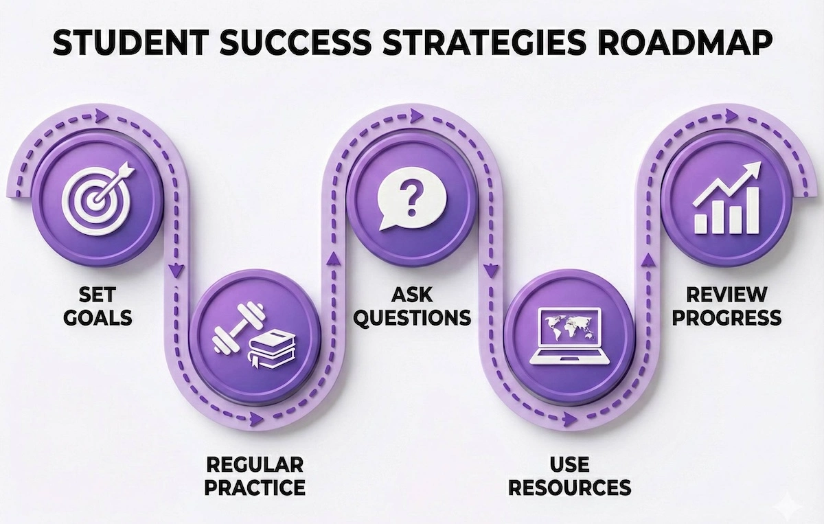 Student success roadmap showing 5 tips: Set goals, practice regularly, ask questions, use resources, and review progress.