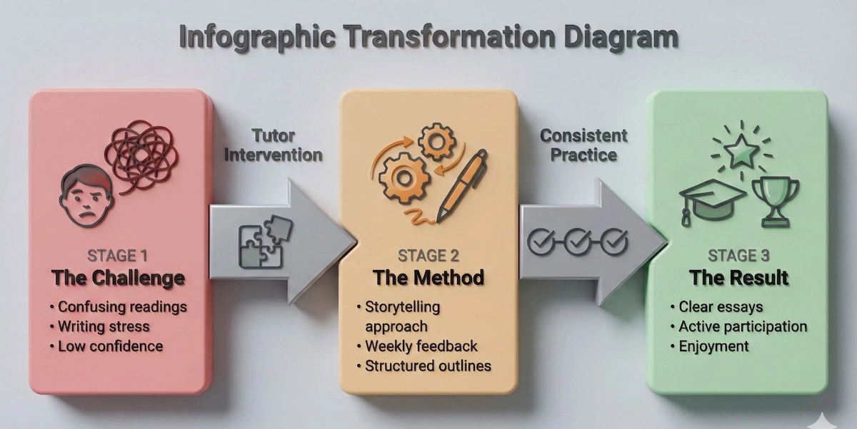 Infographic depicting a student's journey from academic struggle through tutoring intervention to final success and confidence in humanities.