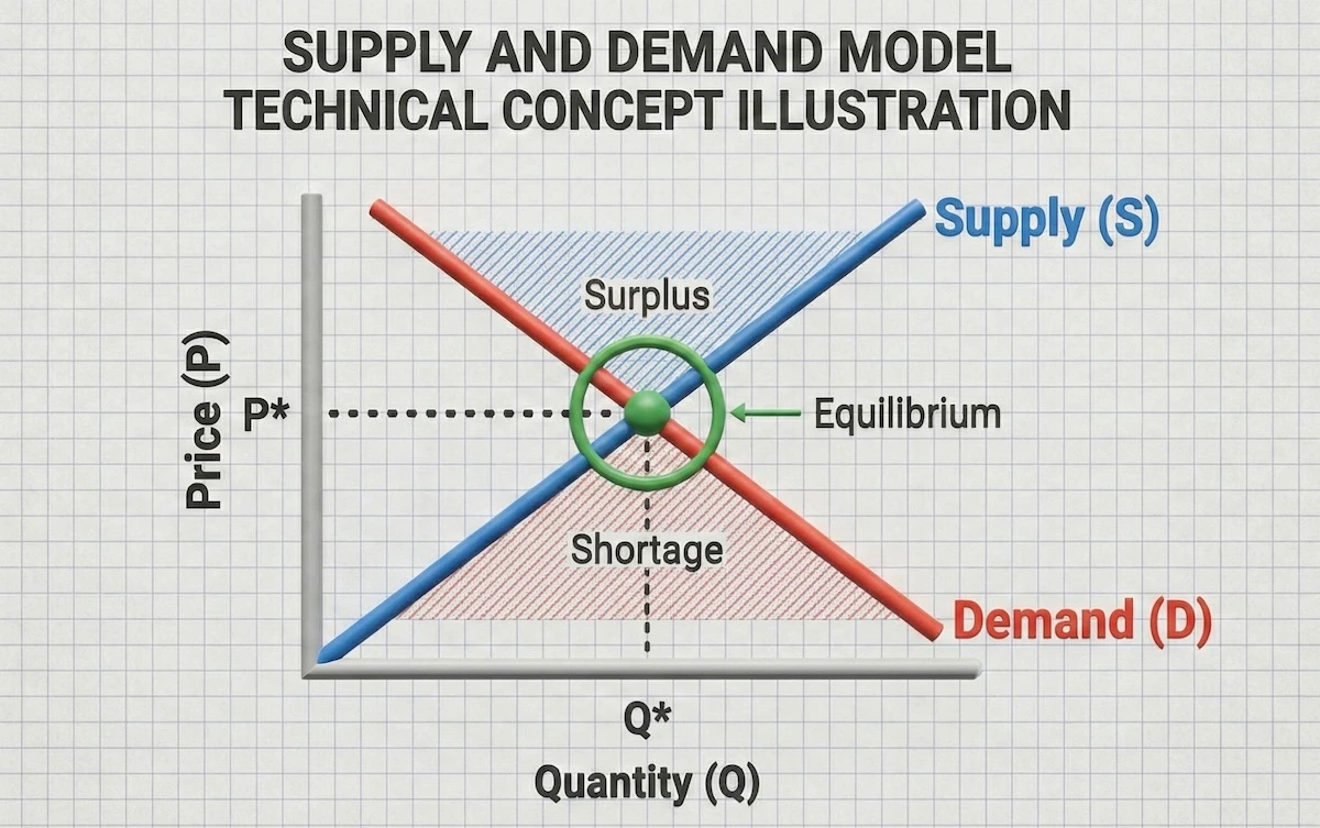 Annotated Supply and Demand graph showing the equilibrium point, surplus area, shortage area, and Price/Quantity axes for economics students.