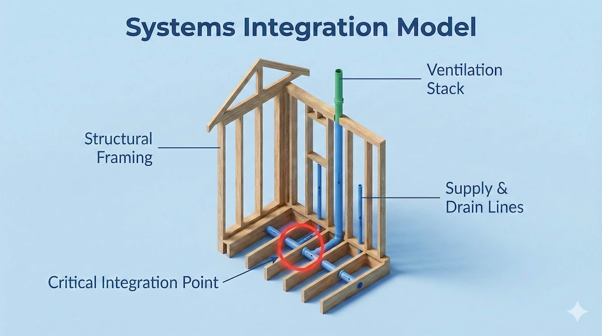 Technical cutaway diagram illustrating systems integration in bathroom walls showing conflict points between framing, plumbing, and ventilation.
