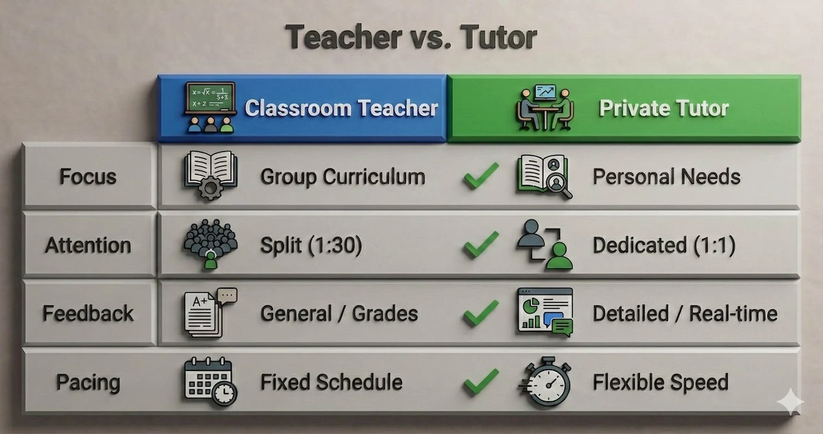 Comparison table showing differences between Classroom Teachers (Group, Fixed Pacing) and Private Tutors (Personalized, Flexible).