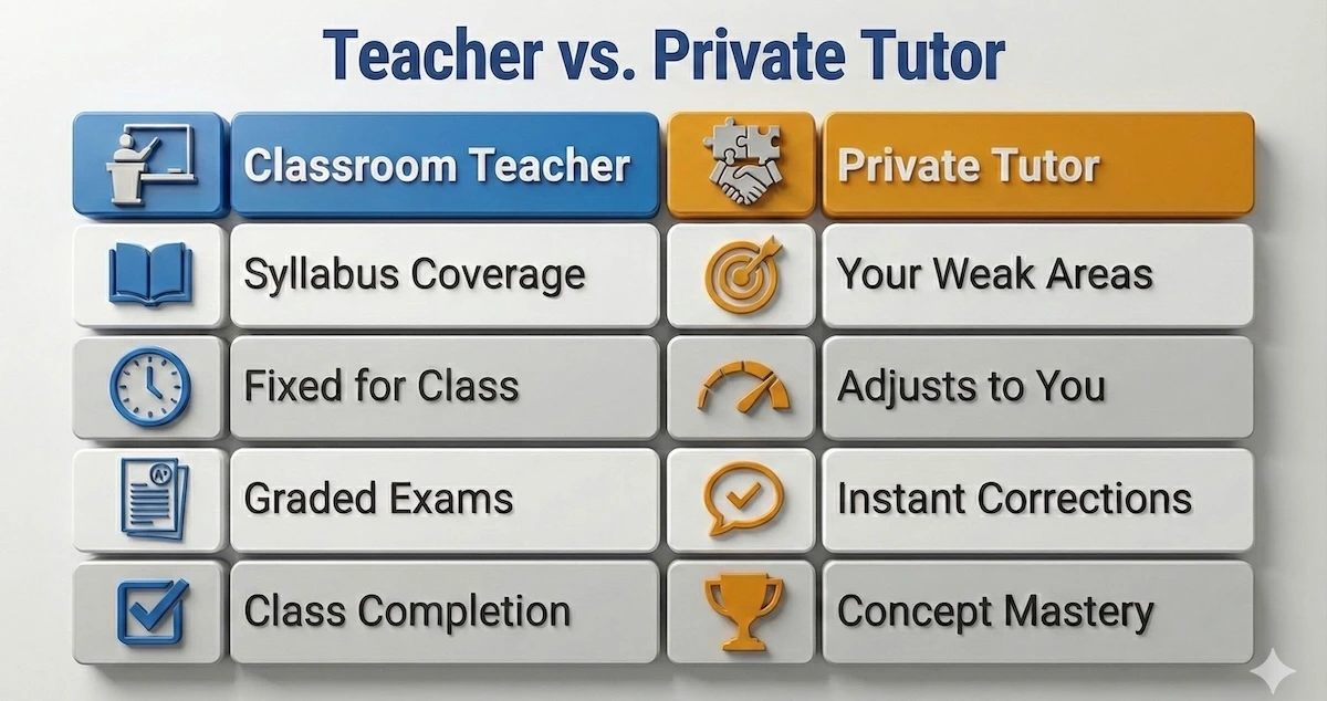 Comparison table contrasting teachers and tutors: Teachers focus on fixed syllabus and class completion, while tutors focus on personal weak areas, flexible pacing, and concept mastery.
