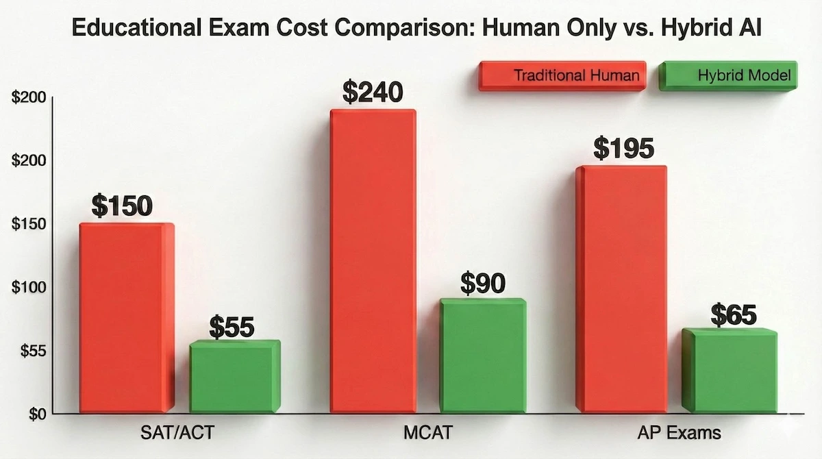 Bar chart comparing 2026 hourly rates for SAT, MCAT, and AP tutoring, showing Hybrid AI models cost 60-70% less than traditional human-only tutoring.