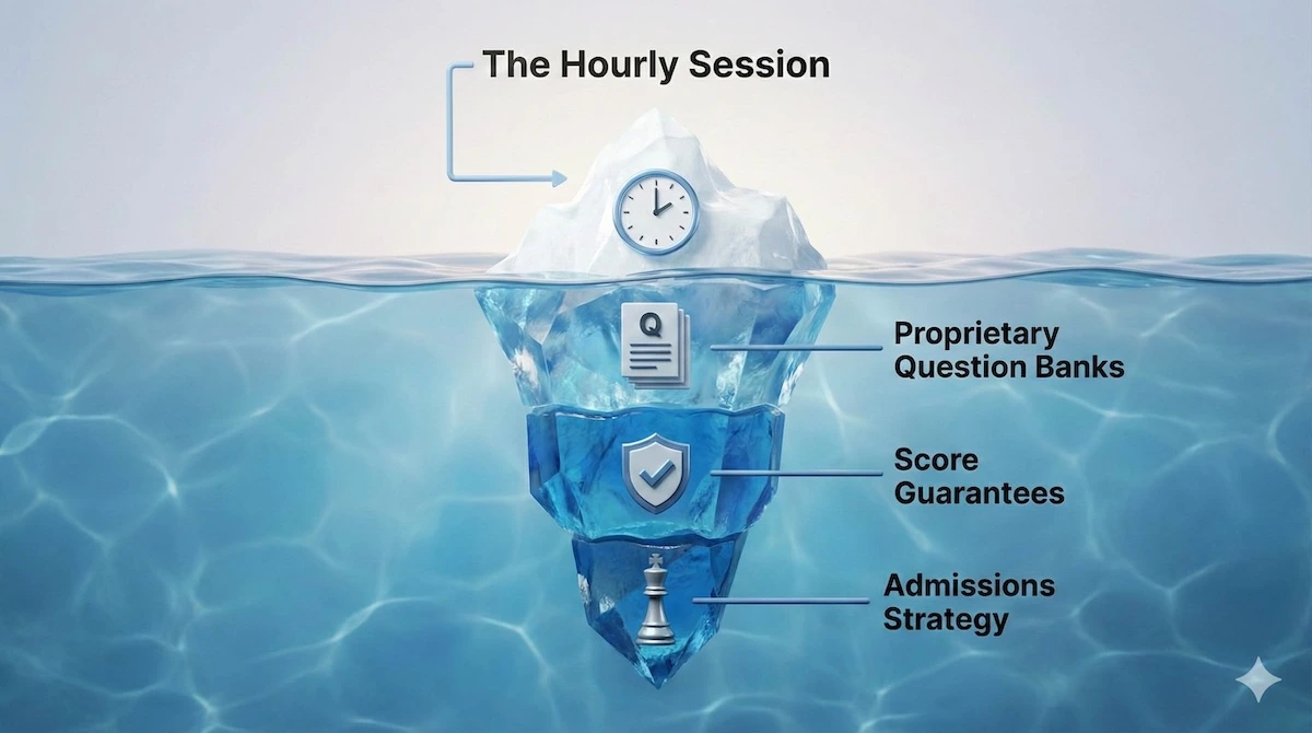 Iceberg diagram illustrating test prep pricing structure: hourly sessions are the visible cost, while proprietary content, guarantees, and strategy are the hidden value.