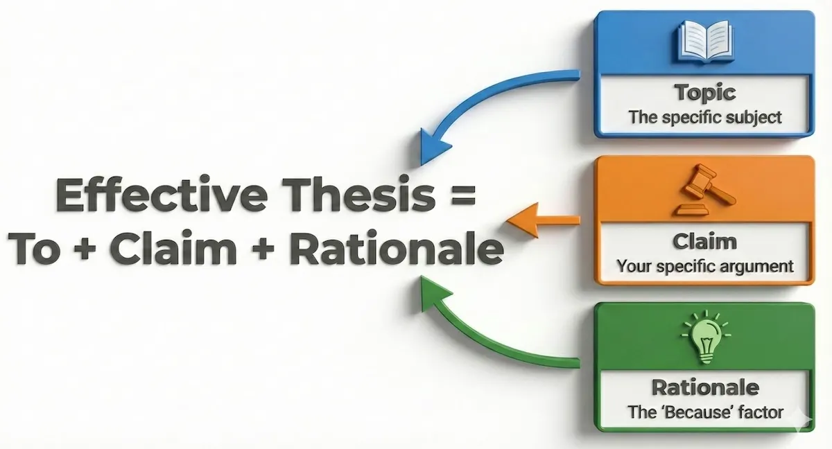 Infographic showing the formula for a strong thesis statement: Topic plus Claim plus Rationale equals Effective Thesis.
