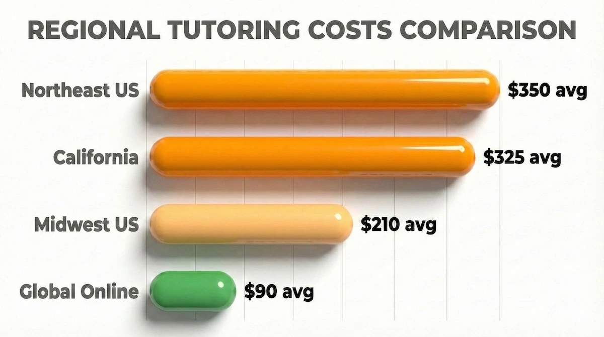Horizontal bar chart showing average 2026 SAT tutor rates by region: Northeast US ($350) vs California ($325) vs Global Online ($90).