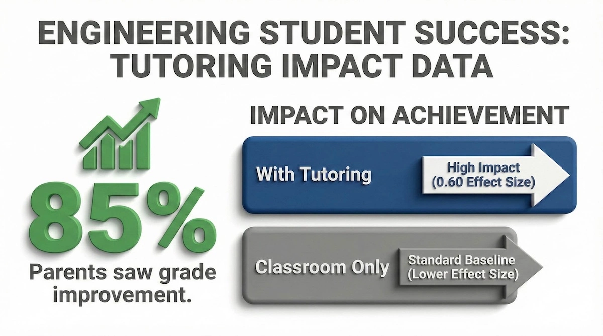 Data visualization showing 85% of parents report grade improvements and a high 0.60 effect size on student achievement with engineering tutoring.