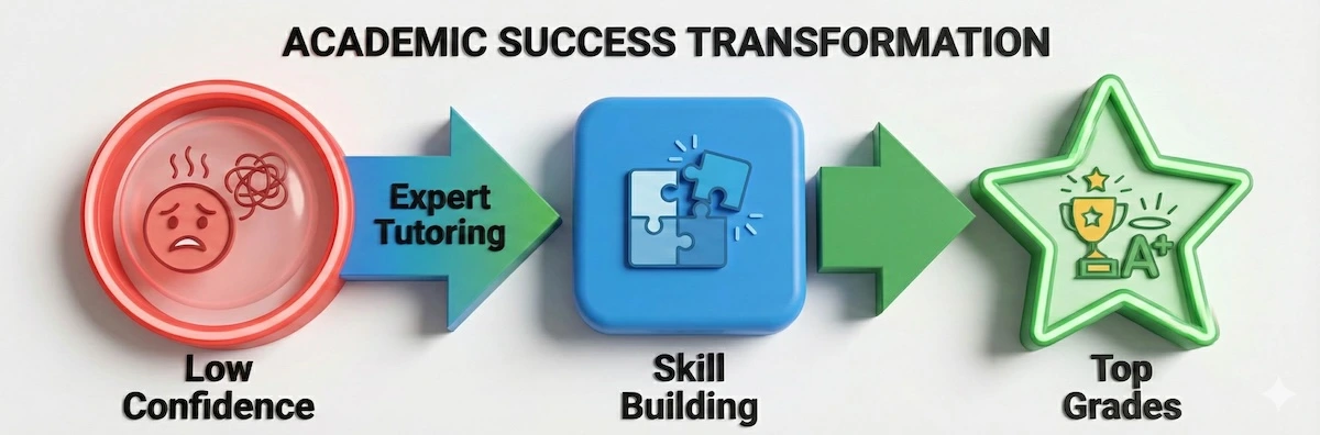 Flowchart showing the impact of Cambridge Technicals tutoring: moving from low confidence and struggle to skill building and finally achieving top grades.